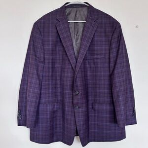 Calvin Klein Men’s Sport Coat Blazer 52R Purple Blue Plaid 2 Button Wool Blend